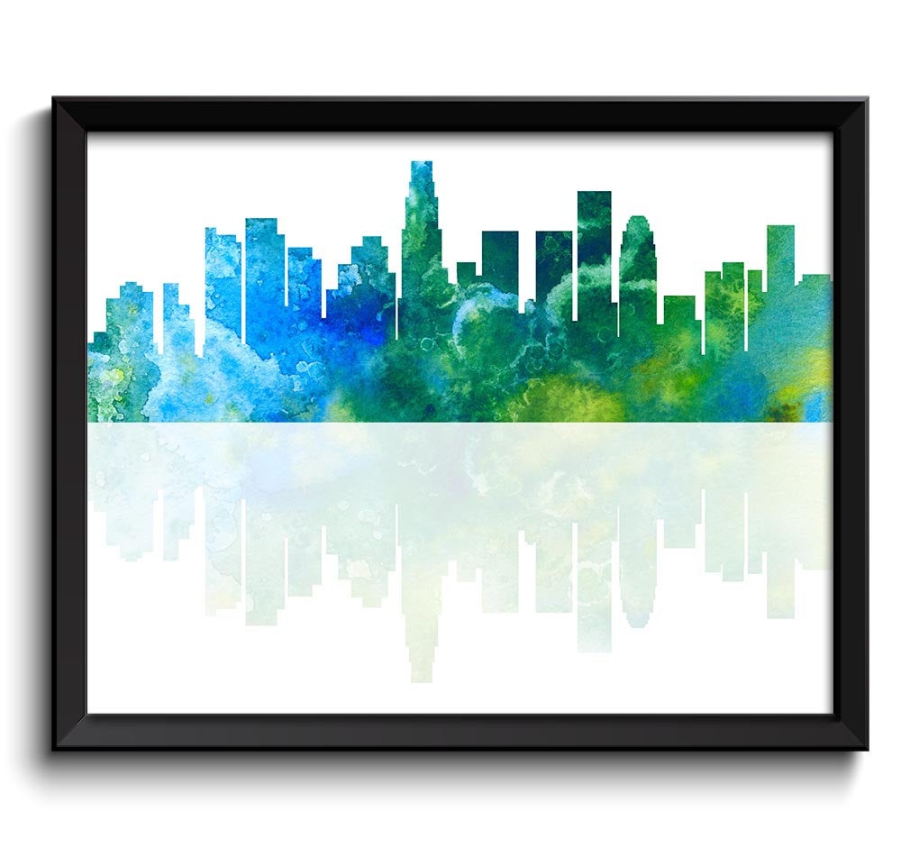 Los Angeles Skyline California City Green Blue Watercolor Cityscape Poster Print Modern Abstract Lan