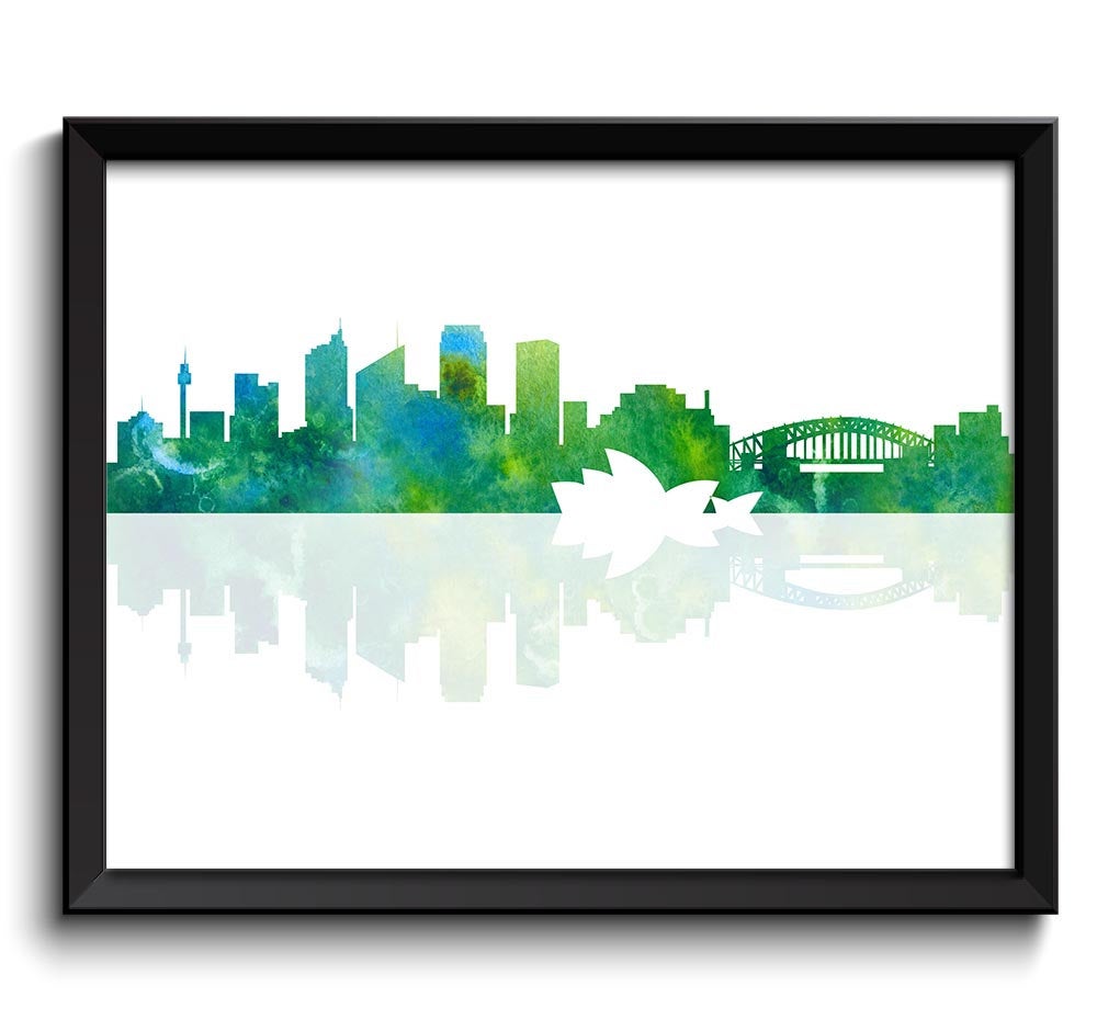 Sydney Skyline Australia City Teal Green Turquoise Blue Watercolor Cityscape Poster Print Abstract L