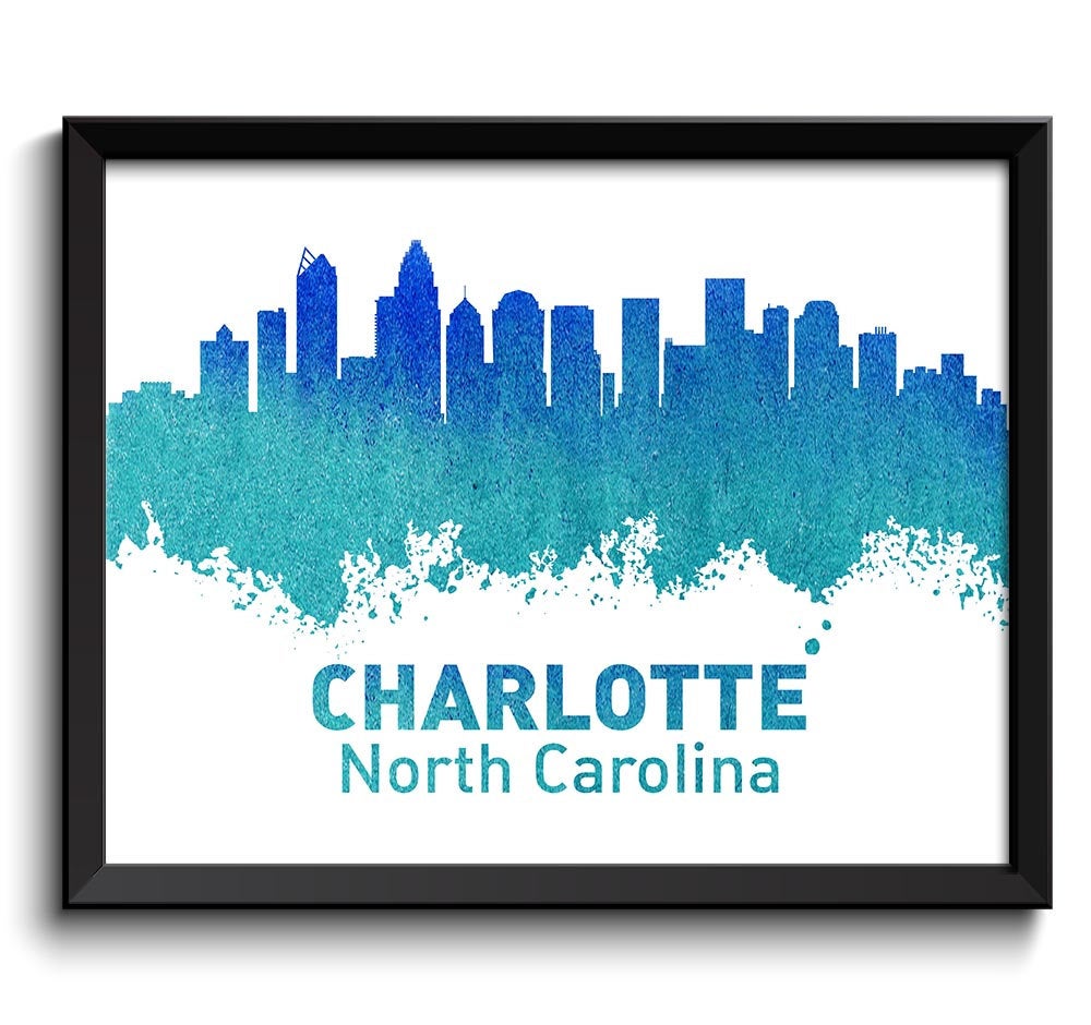 Charlotte Blue Turquoise Teal Skyline North Carolina City Colorful Watercolor Cityscape Poster Print