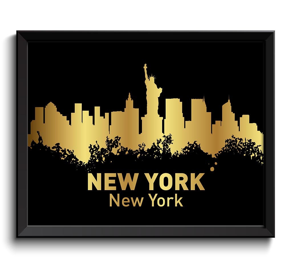 New York Skyline City Black Shinny Metallic Gold Leaf Look Watercolor Cityscape Poster Print Modern 