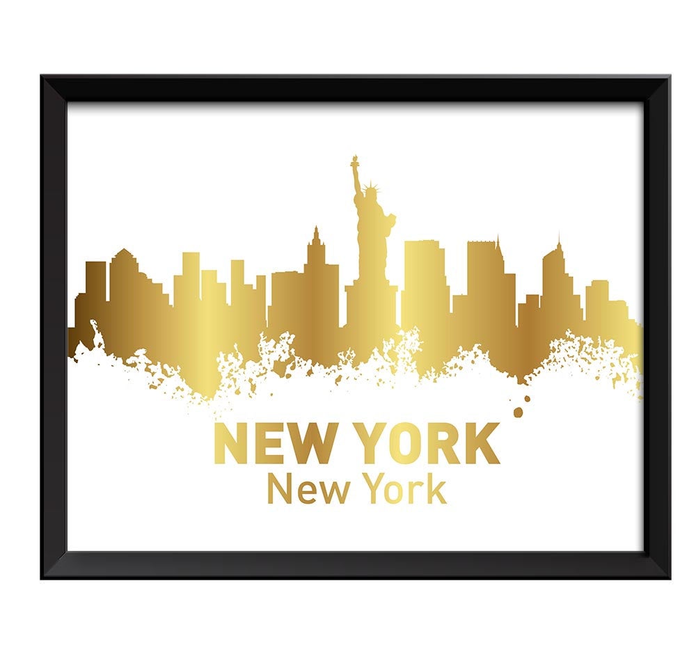 New York City Skyline White Shinny Metallic Gold Leaf Look Watercolor Cityscape Poster Print Landsca