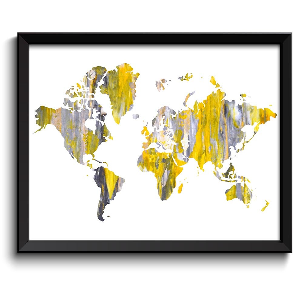 Yellow Grey Gray Painting World Map Poster Print Globe Modern Abstract Landscape Art Watercolor