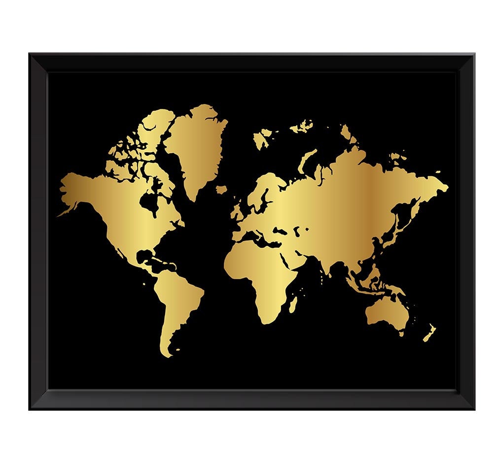 World Map Print Black Shinny Metallic Gold Leaf Look World Map Poster Print Globe Landscape Art Pain