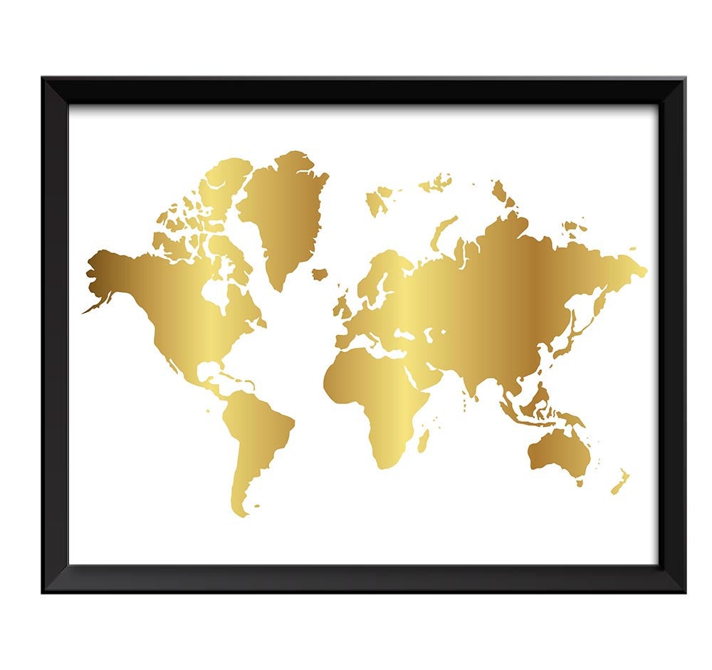 World Map Print White Shinny Metallic Gold Leaf Look World Map Poster Print Globe Landscape Art Pain