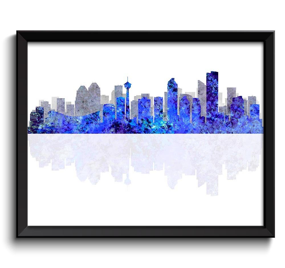 Calgary Skyline City Navy Blue Grey Gray Watercolor Cityscape Poster Print Alberta Canada Abstract L