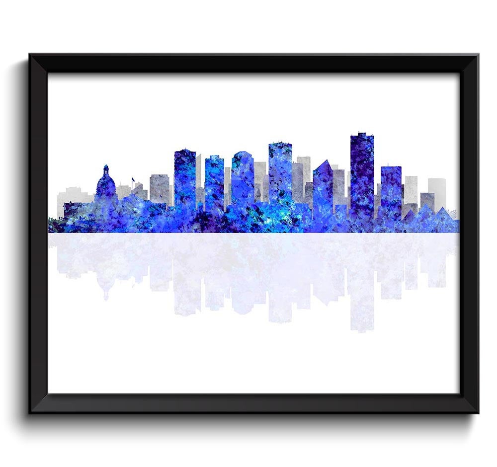 Edmonton Skyline City Navy Blue Grey Gray Watercolor Cityscape Poster Print Alberta Canada Abstract 