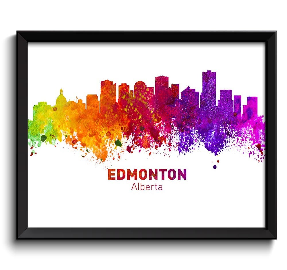 Edmonton Skyline City Cityscape Canada Colorful Watercolor Poster Print Landscape Art Painting Red P