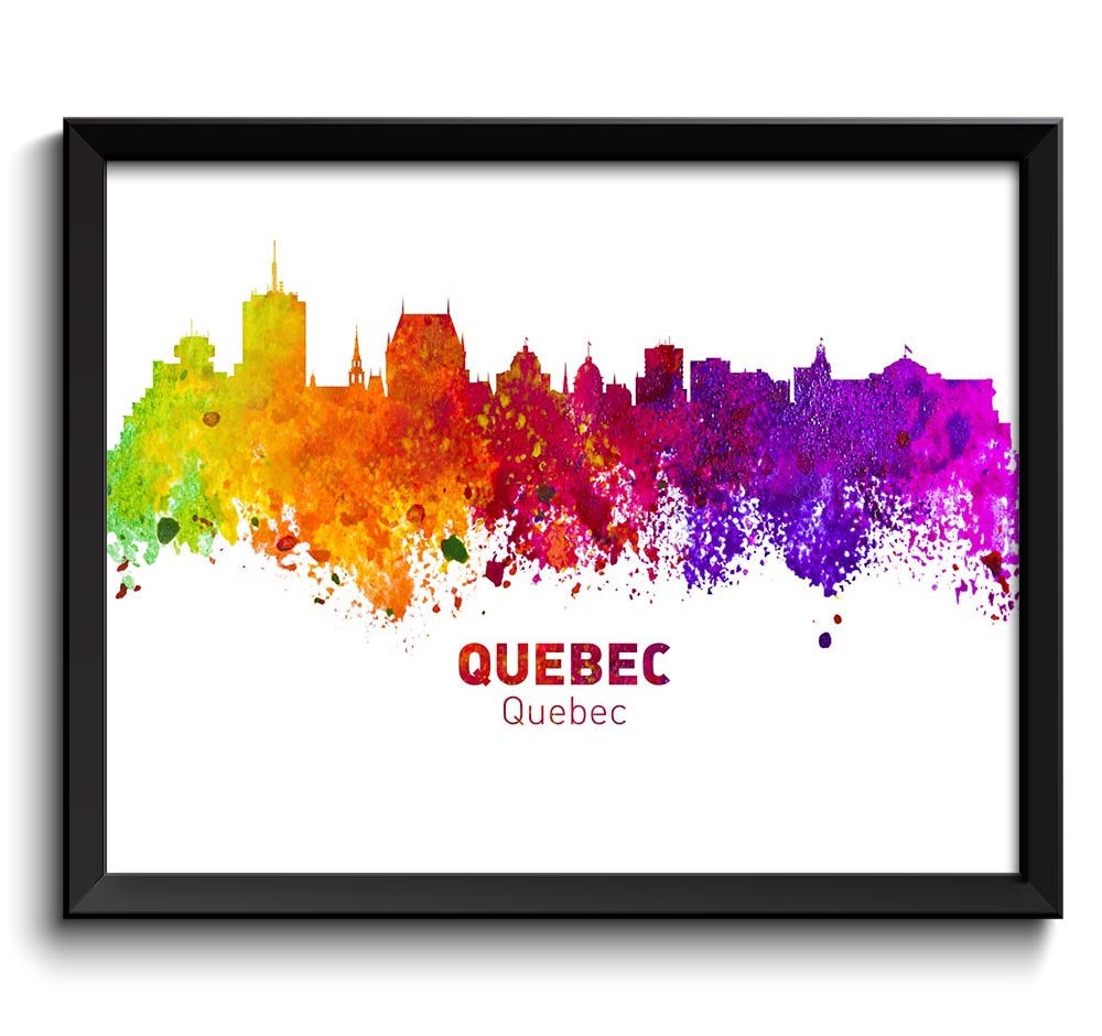 Quebec Skyline City Cityscape Canada Colorful Watercolor Poster Print Landscape Art Painting Red Pur