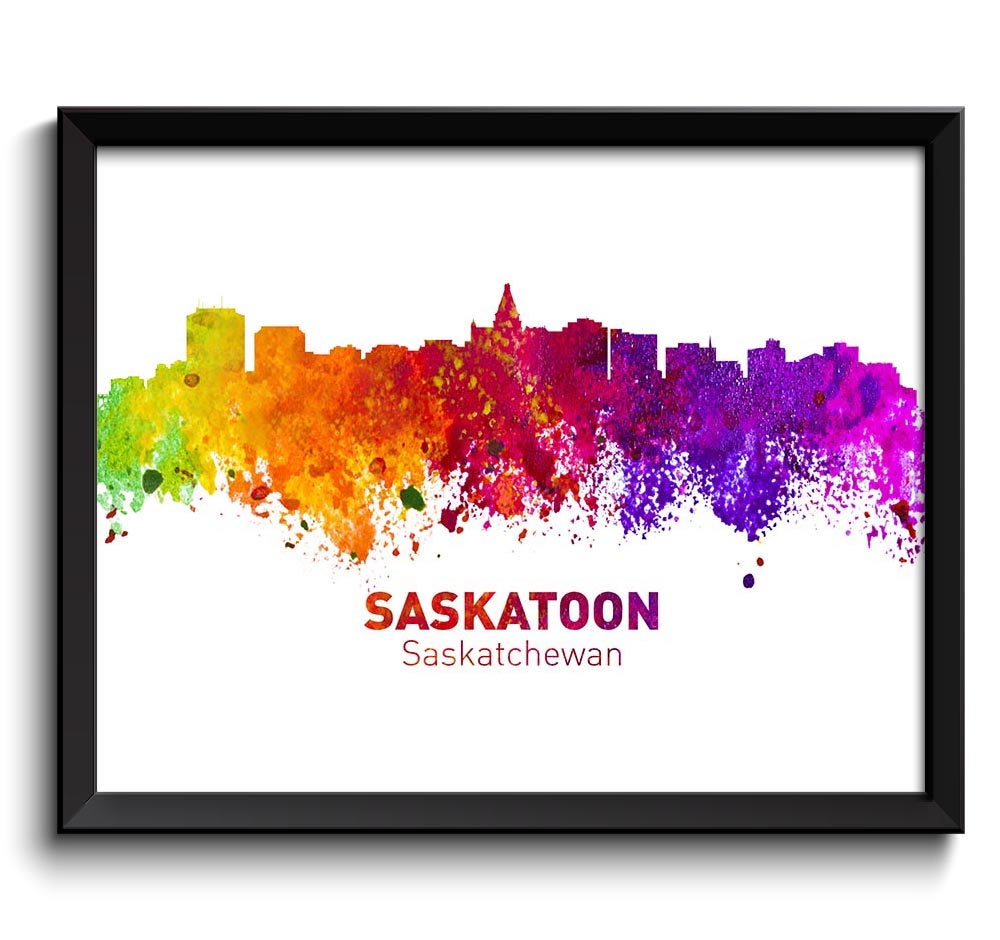 Saskatoon Skyline Cityscape Canada Colorful Watercolor Poster Print Landscape Art Painting Red Purpl