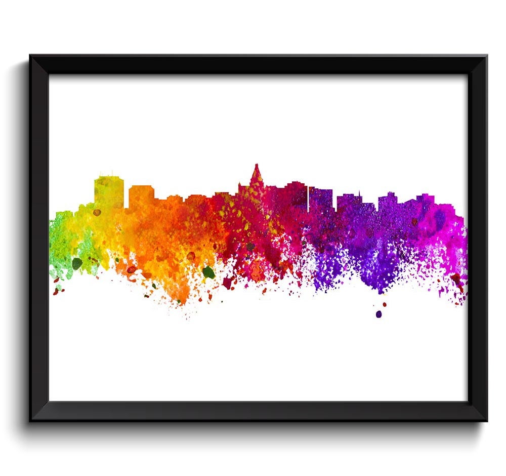 Saskatoon Skyline City Cityscape Canada Rainbow Colorful Watercolor Poster Print Landscape Art Paint