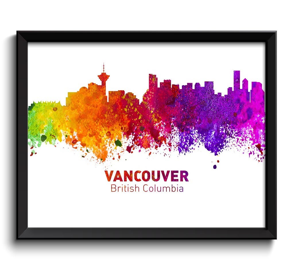 Vancouver Skyline Cityscape Canada Colorful Watercolor Poster Print Landscape Art Painting Red Purpl