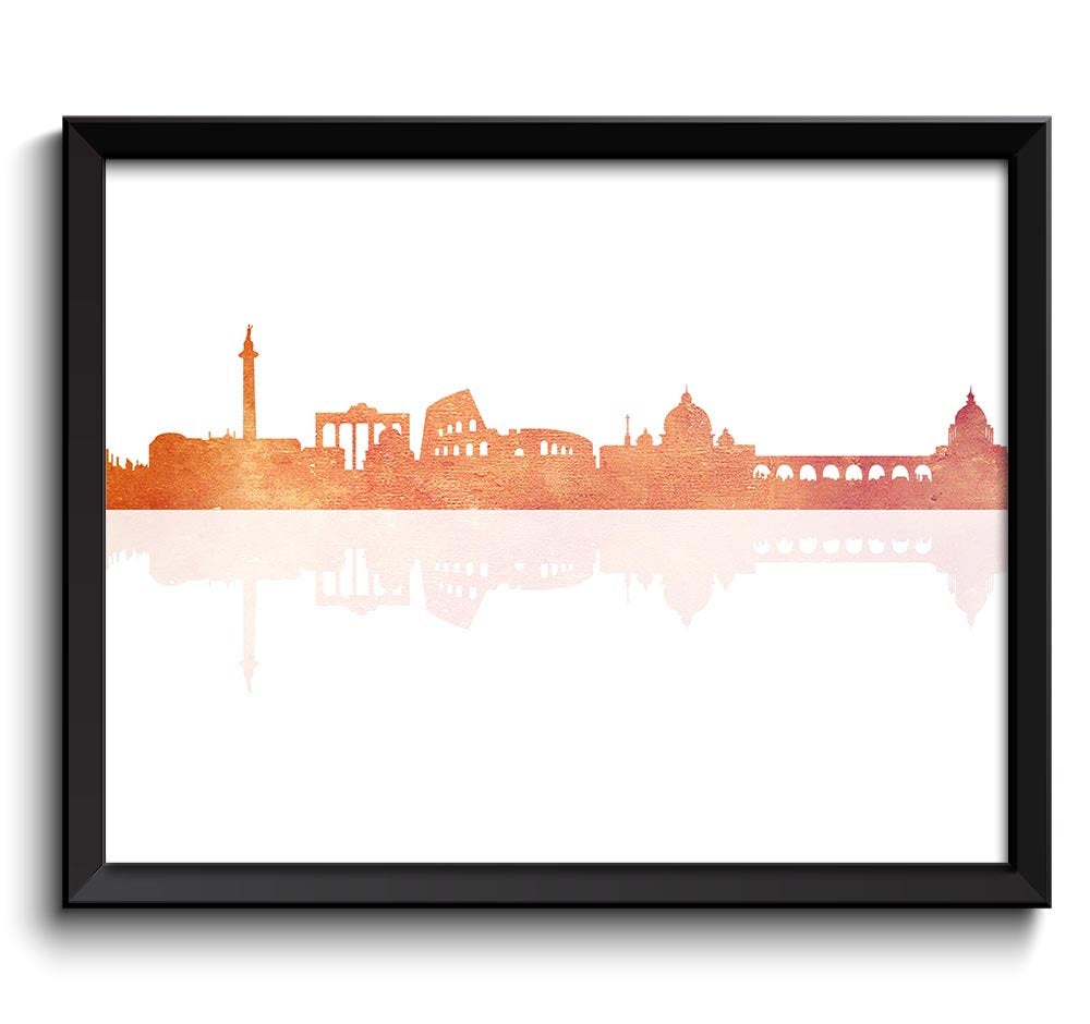 Rome Skyline Italy City Orange Peach Pink Coral Watercolor Cityscape Poster Print Modern Abstract La