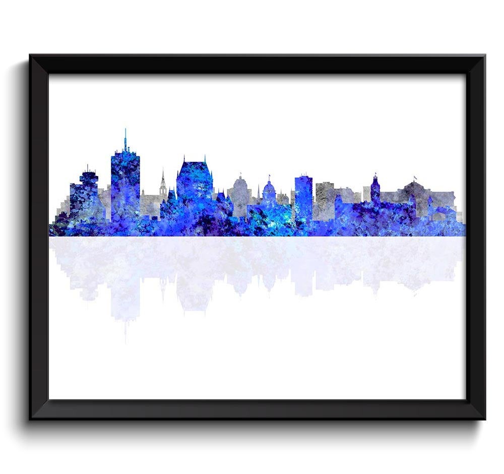 Quebec City Skyline Navy Blue Grey Gray Watercolor Cityscape Poster Print Quebec Canada Abstract Lan