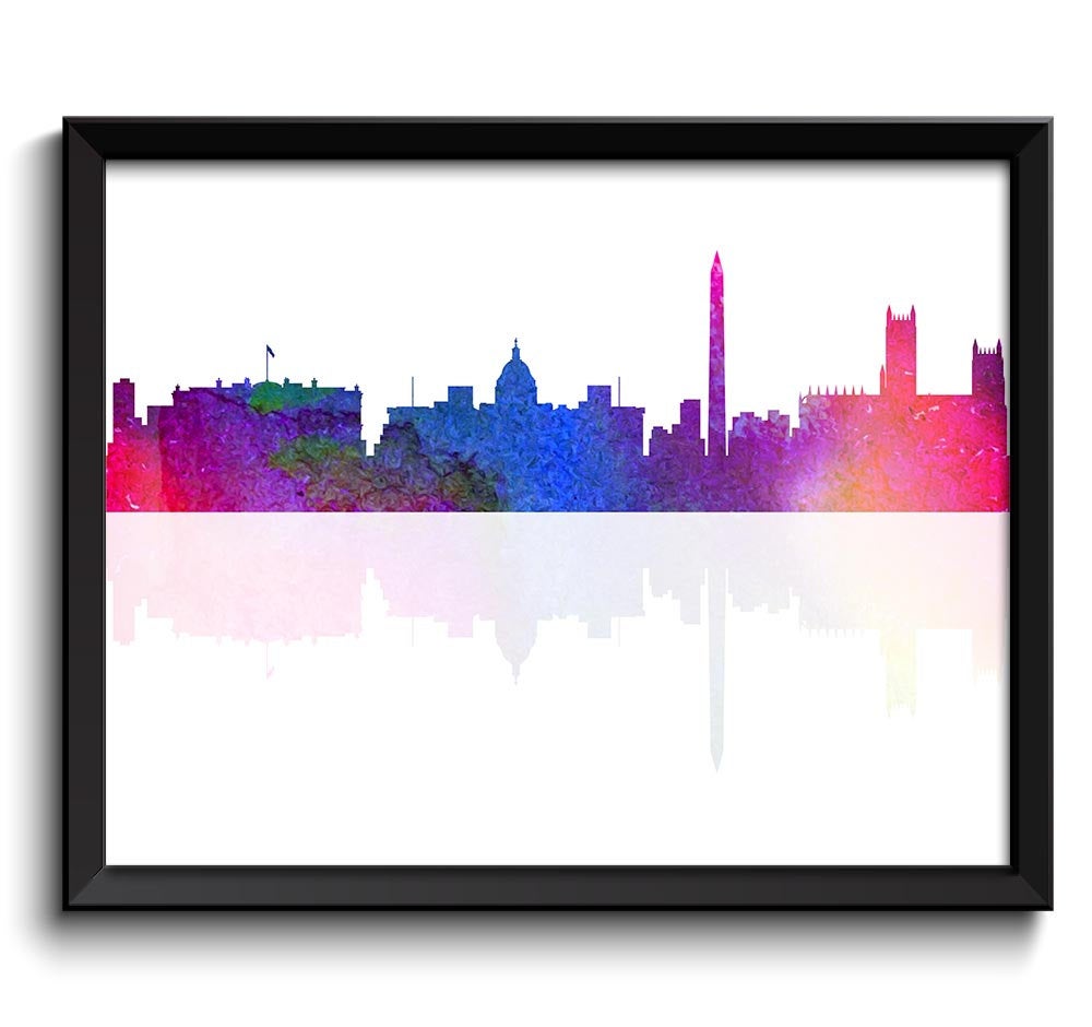 Washington DC Skyline City Pink Blue Purple Green Rainbow Watercolor Cityscape Poster Print Abstract