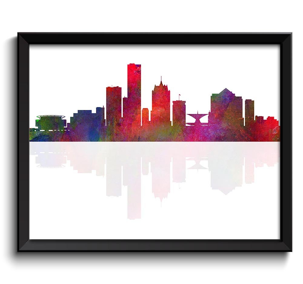 Milwaukee Skyline Wisconsin City Red Pink Purple Rainbow Watercolor Cityscape Poster Print Abstract 