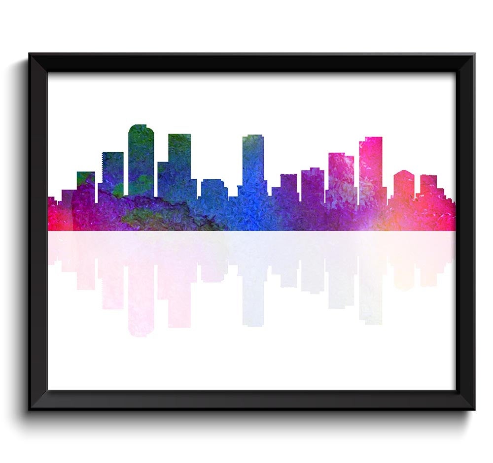 Denver Skyline Colorado City Rainbow Pink Blue Green Red Watercolor Cityscape Poster Print Abstract 