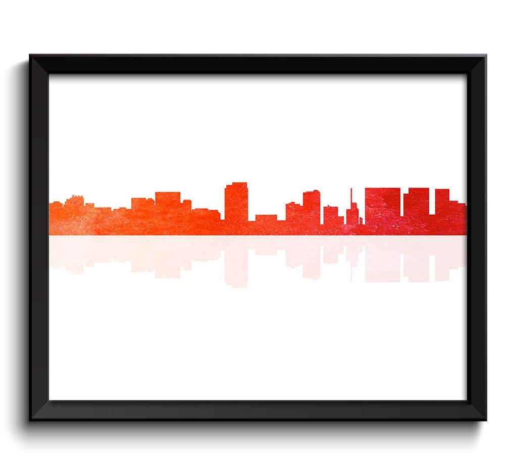 Honolulu Skyline Hawaii City Red Orange Coral Watercolor Cityscape Poster Print Modern Abstract Land