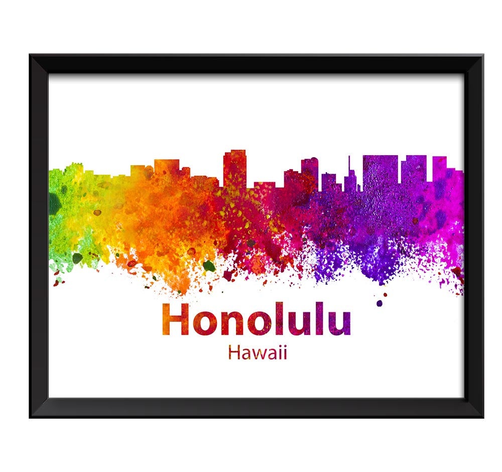 Honolulu Skyline Hawaii Colorful Watercolor Cityscape Poster Print Landscape Art Painting Red Purple