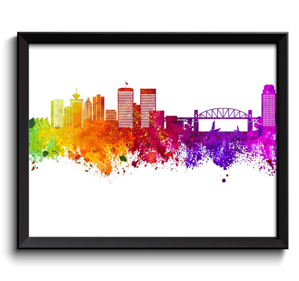 Vancouver Skyline Cityscape Canada Colorful Watercolor Poster Print Landscape Art Painting Red Purpl