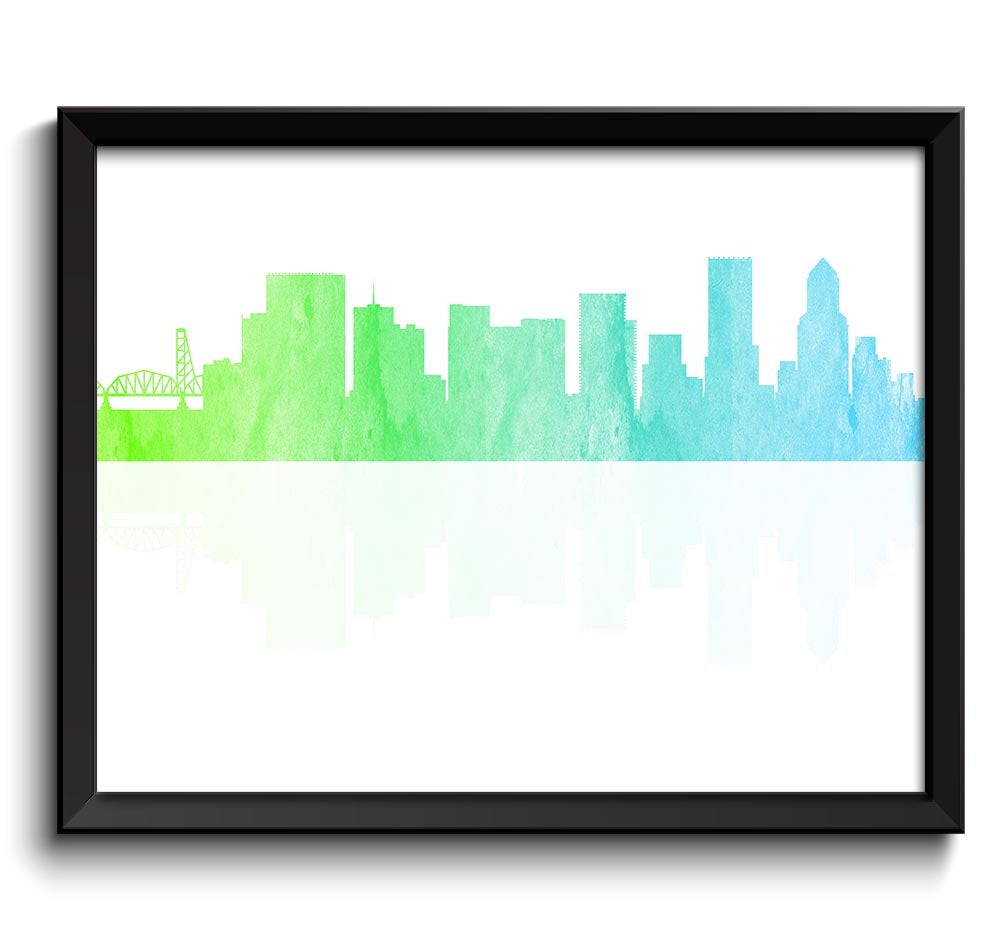 Portland Skyline Oregon City Green Blue Watercolor Cityscape Portland Poster Portland Print Abstract