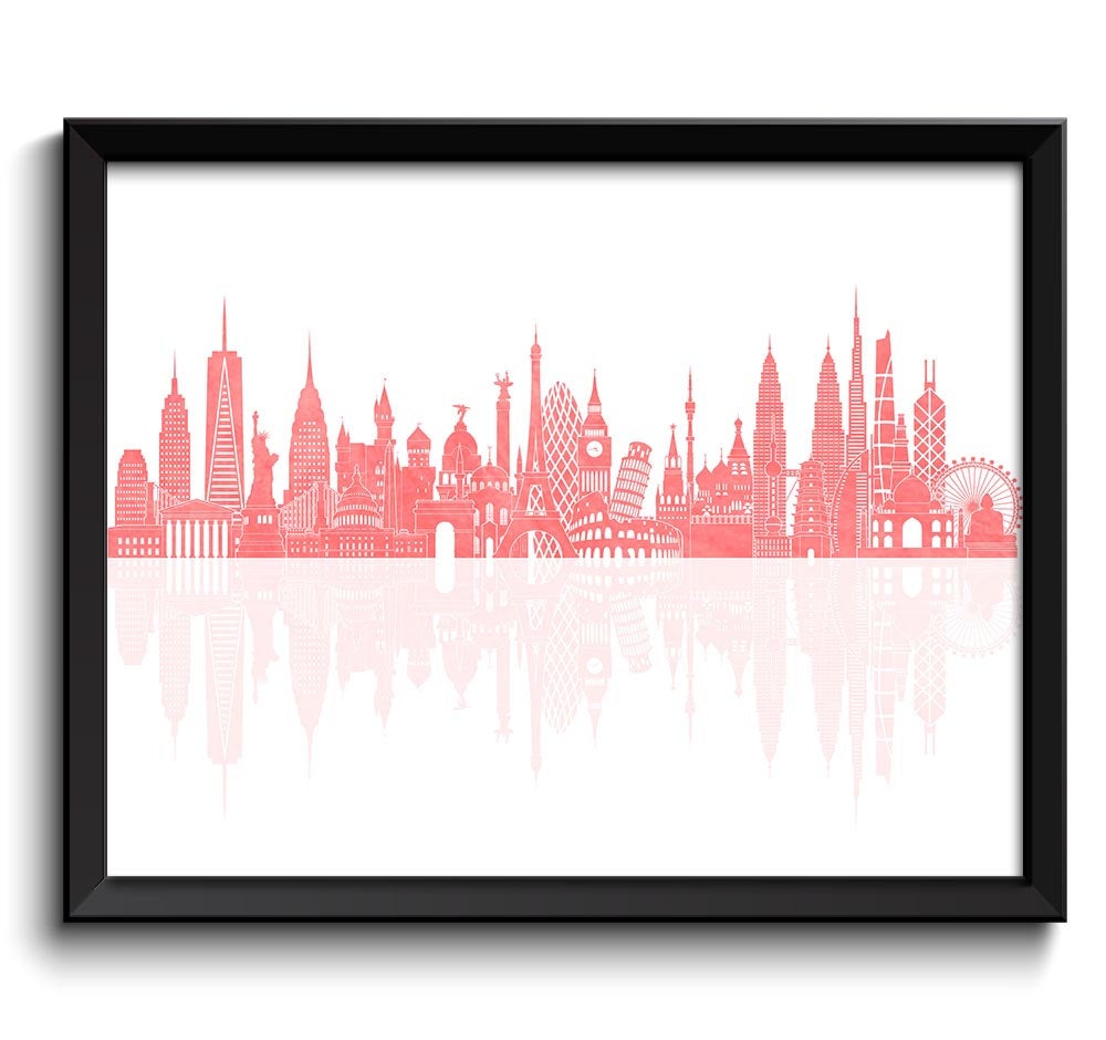 World Skyline Pink Coral Watercolor Painting City Cityscape Famous Landmarks World Poster Print Glob