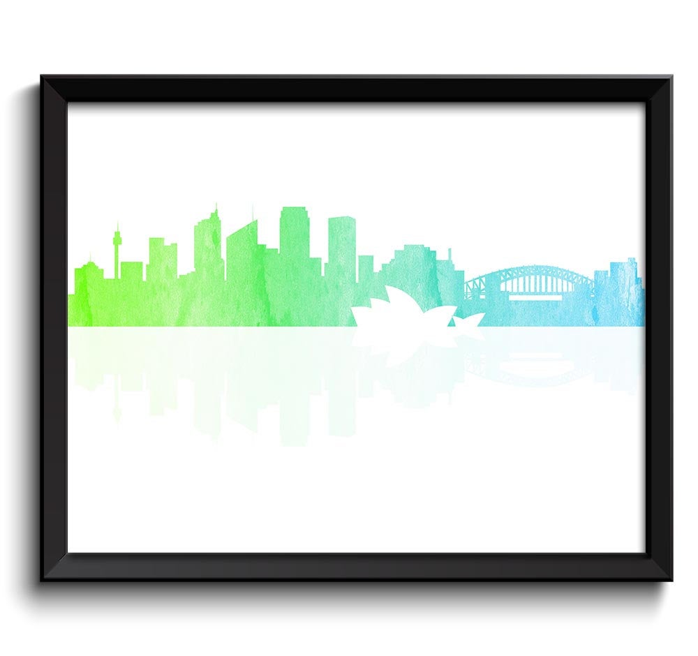 Sydney Skyline Australia City Teal Blue Lime Green Turquoise Blue Watercolor Cityscape Poster Print 