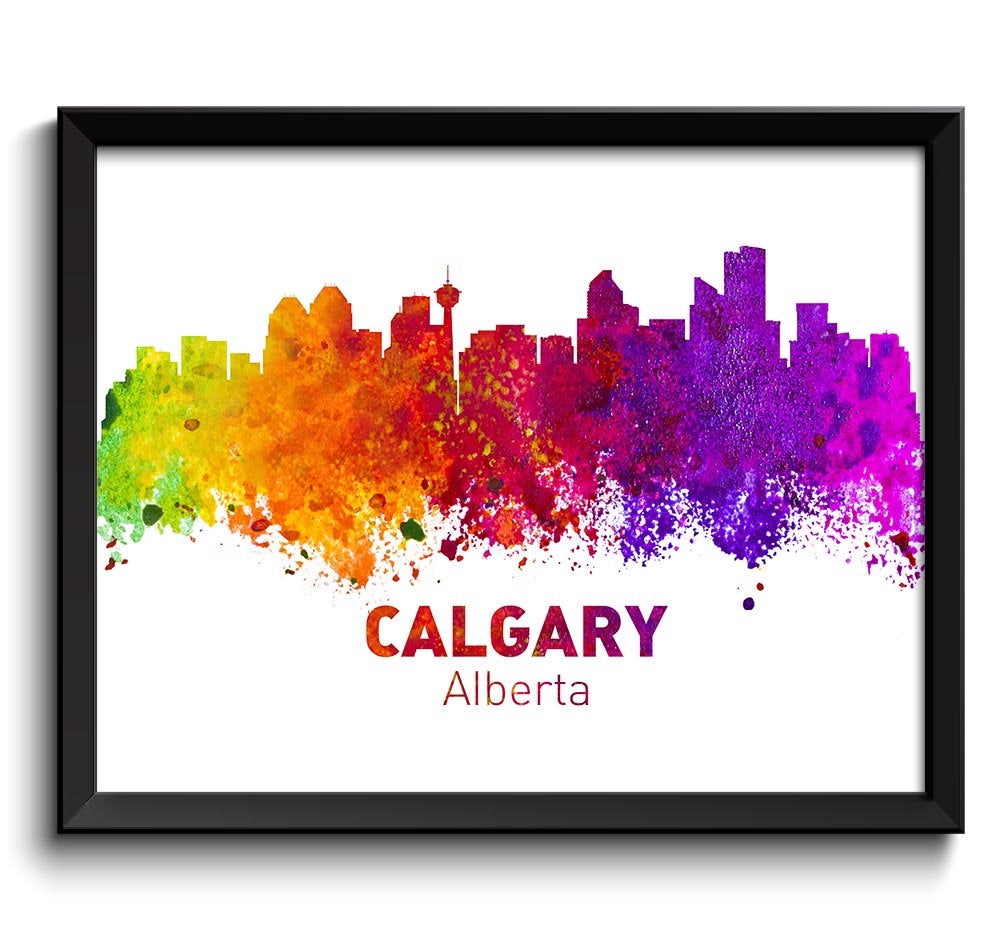 Calgary Skyline City Cityscape Canada Colorful Watercolor Poster Print Landscape Art Painting Red Pu