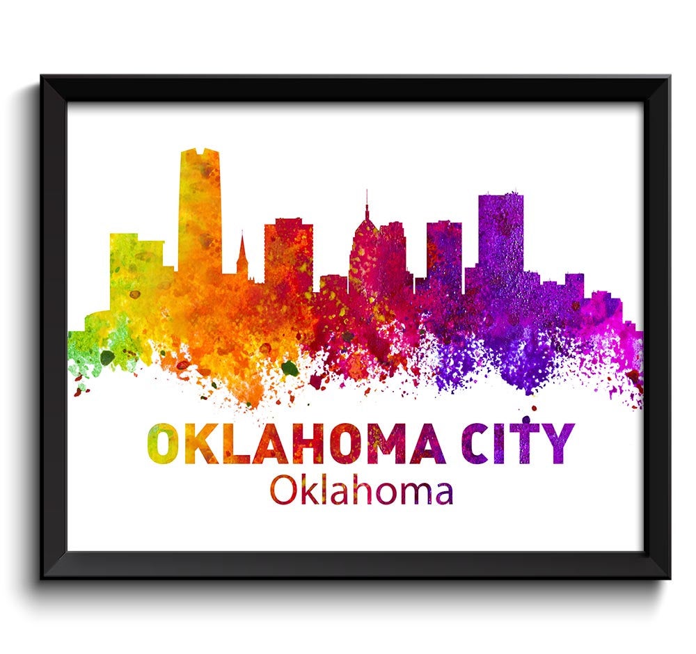 Oklahoma City Skyline Colorful Watercolor Cityscape Poster Print Landscape Art Painting Red Purple P