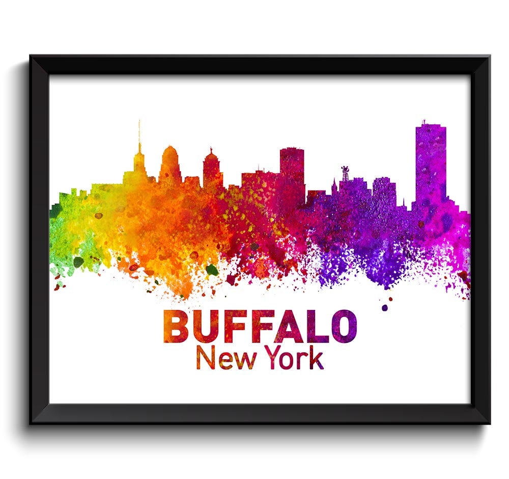 Buffalo Skyline New York Colorful Watercolor Cityscape Poster Print Landscape Art Painting Red Purpl