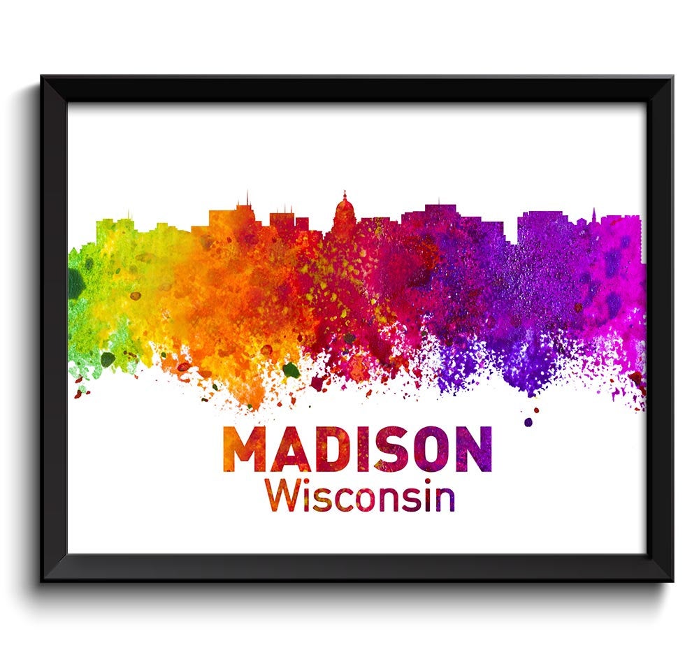 Madison Skyline Wisconsin City Colorful Watercolor Cityscape Poster Print Landscape Art Painting Red