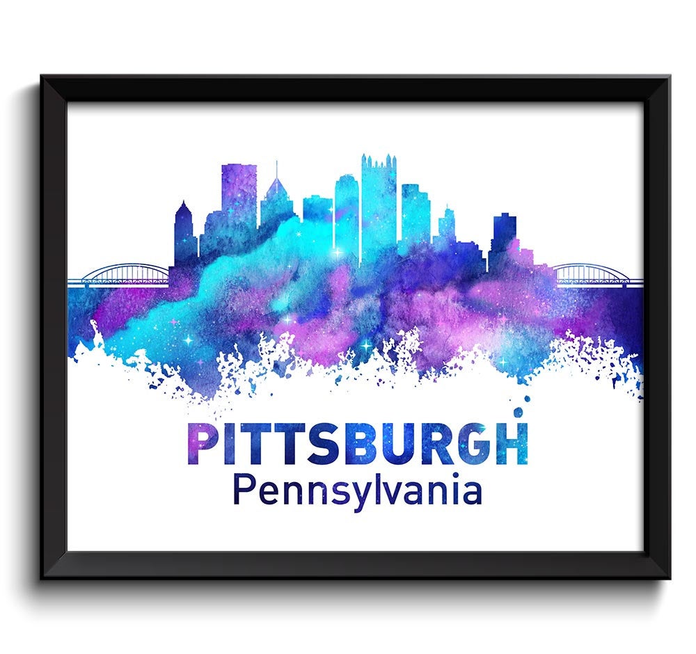 Pittsburgh Turquoise Blue Purple Skyline Pennsylvania Watercolor Cityscape Poster Print Abstract Lan