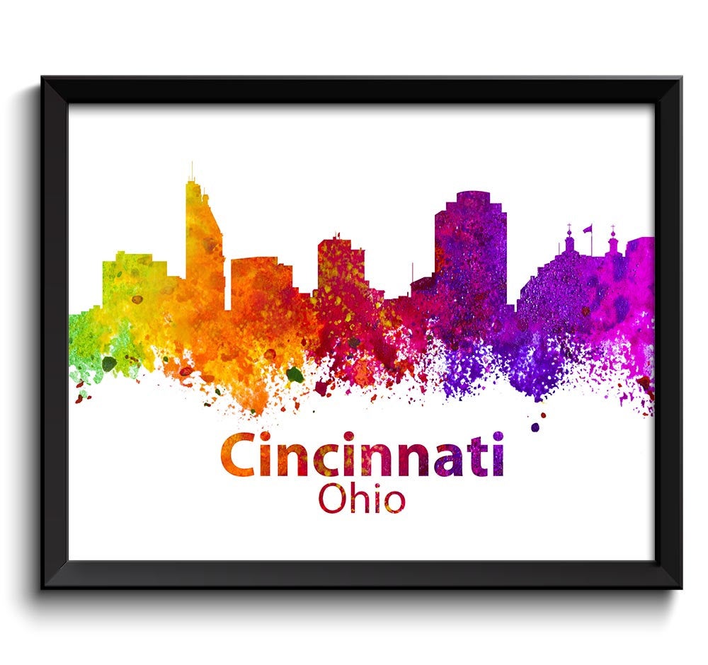 Cincinnati Skyline Ohio City Colorful Watercolor Cityscape Poster Print Landscape Art Painting Red P