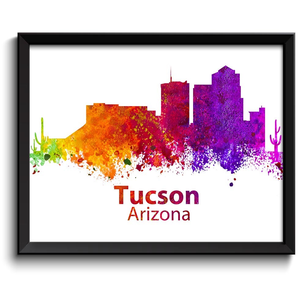 Tucson Skyline Arizona City Colorful Watercolor Cityscape Poster Print Landscape Art Painting Red Pu