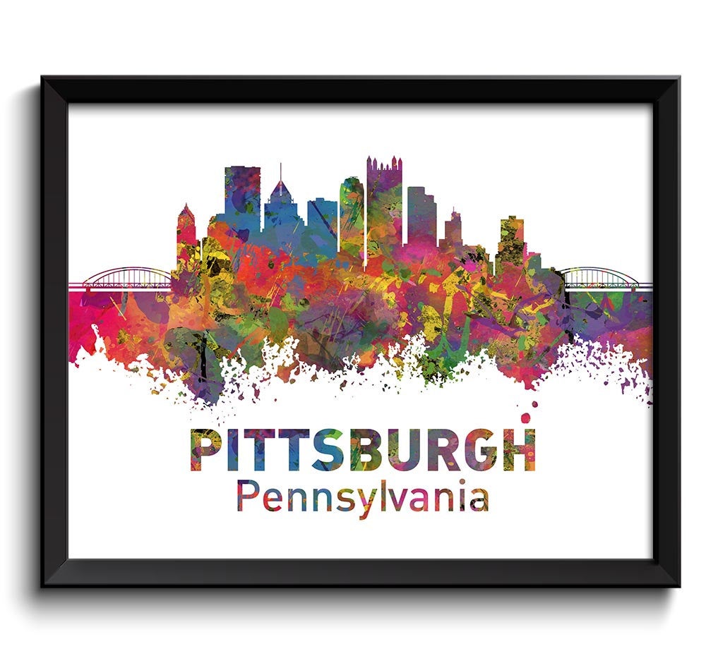 Colorful Pittsburgh Skyline Pennsylvania Watercolor Cityscape Poster Print Landscape Art Painting Re