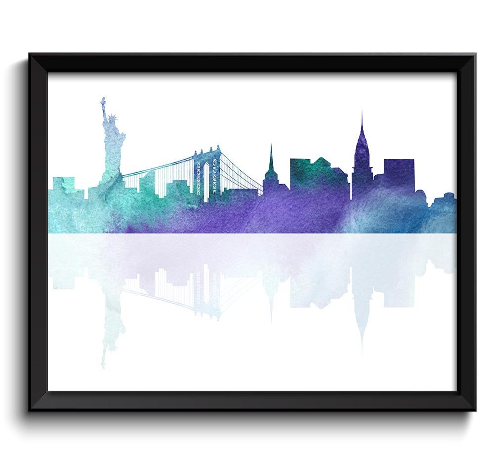 New York City Skyline Teal Turquoise Blue Purple Watercolor New York Cityscape Poster Print Abstract