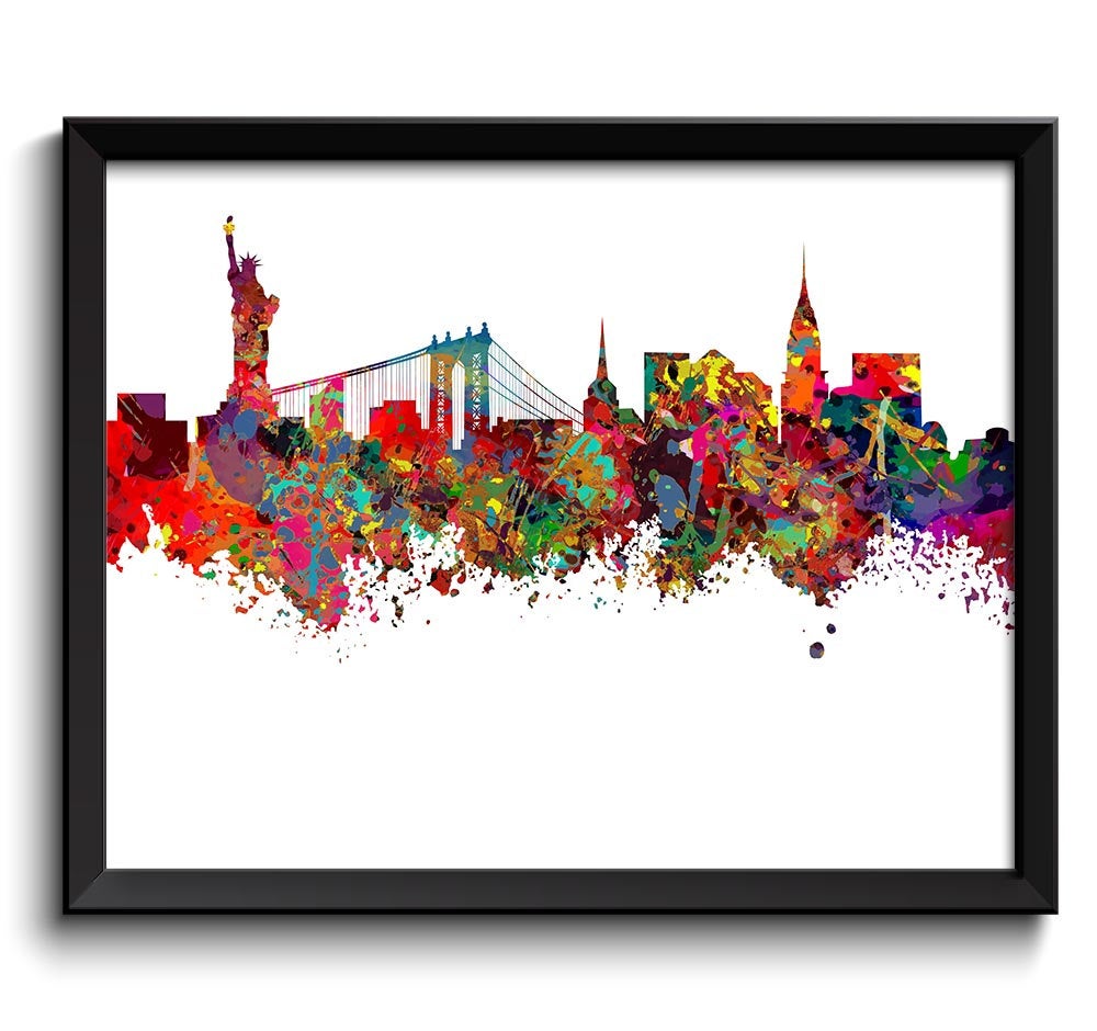 New York Skyline City Colorful Watercolor Cityscape Poster Print Landscape Art Painting Red Purple P