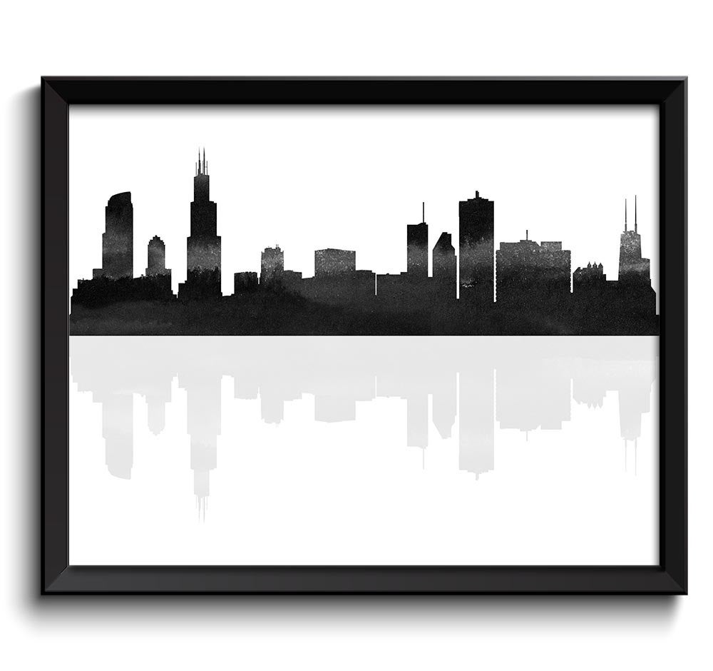 Chicago Skyline Chicago Illinois Cityscape Chicago Wall Art Print Chicago Poster Black White Grey Wa