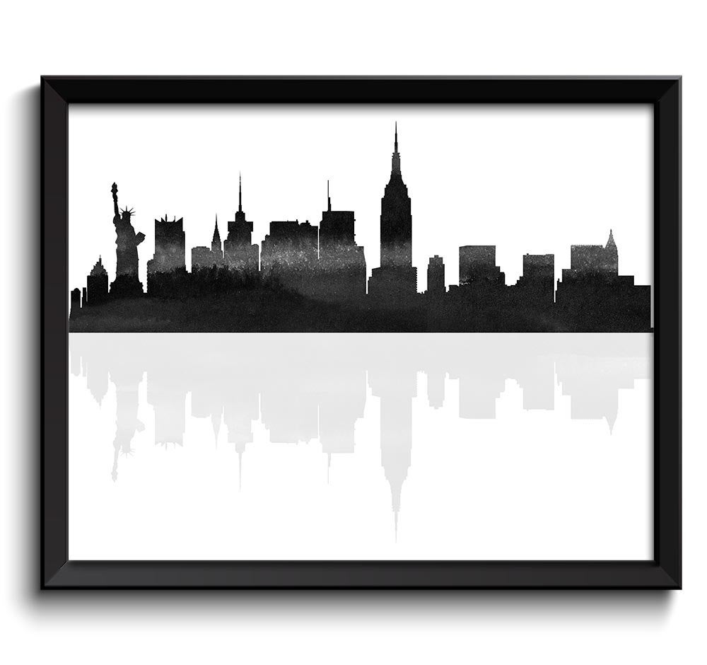 New York Skyline New York Wall Art Print New York Poster Black White Grey Watercolor Painting