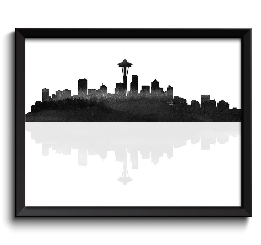 Seattle Skyline Seattle Washington Seattle Wall Art Print Seattle Poster Black White Grey Watercolor