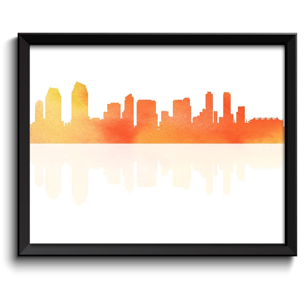 San Diego Skyline San Diego Coral Orange Peach Yellow California San Diego Wall Art Print Poster Wat