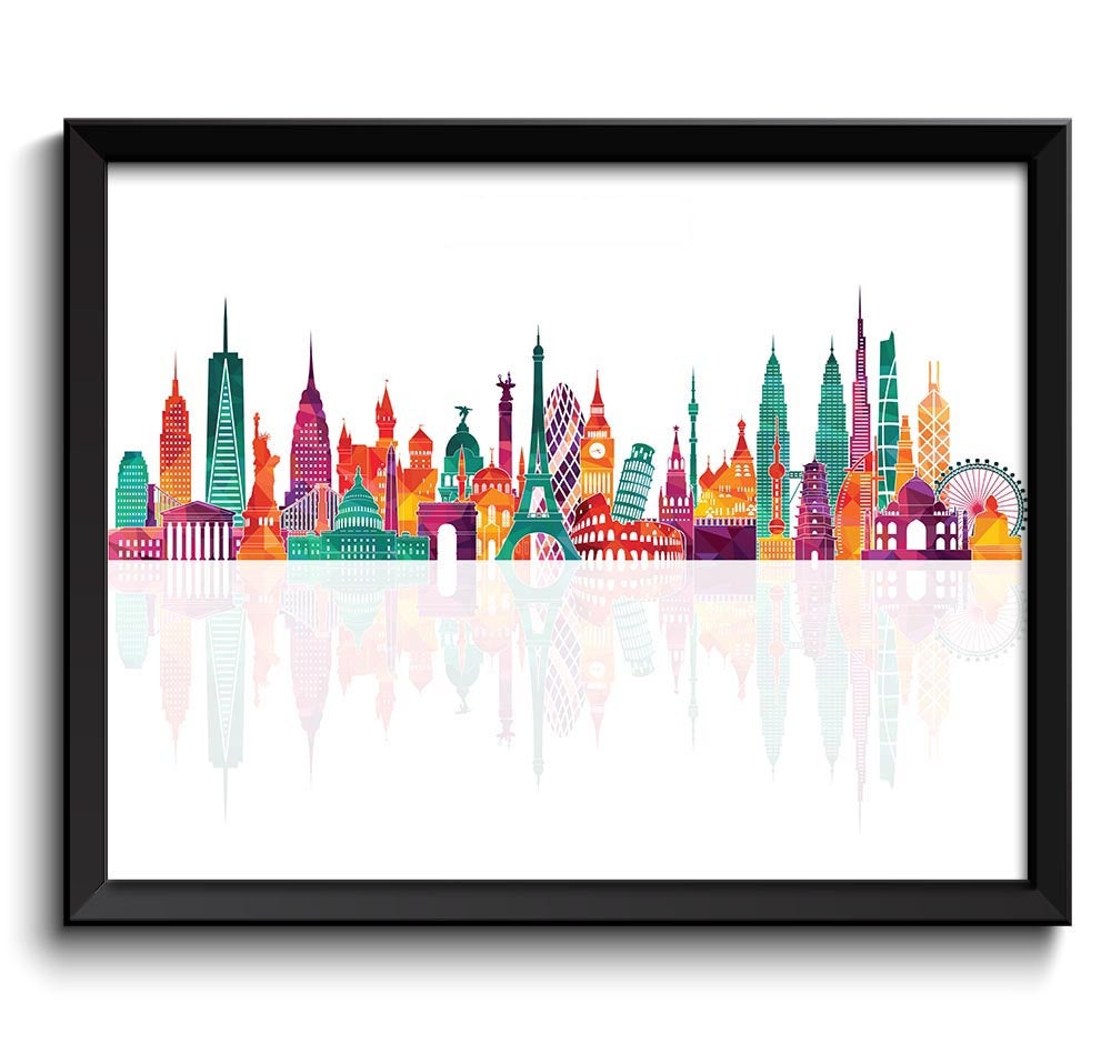 World Skyline Blue Teal Purple Peach City Colorful Cityscape Famous Landmarks Poster Print Globe Lan