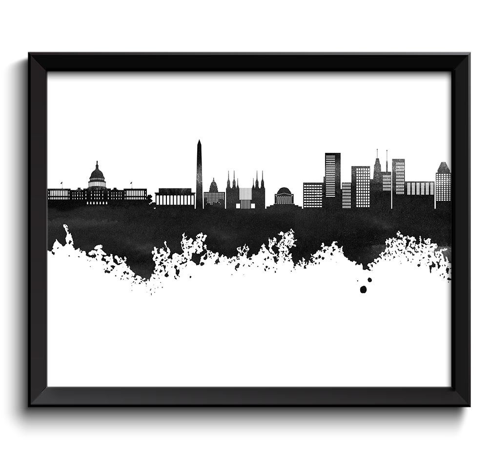 Washington DC Skyline Black White Grey Watercolor Painting District of Columbia Washington Wall Art 