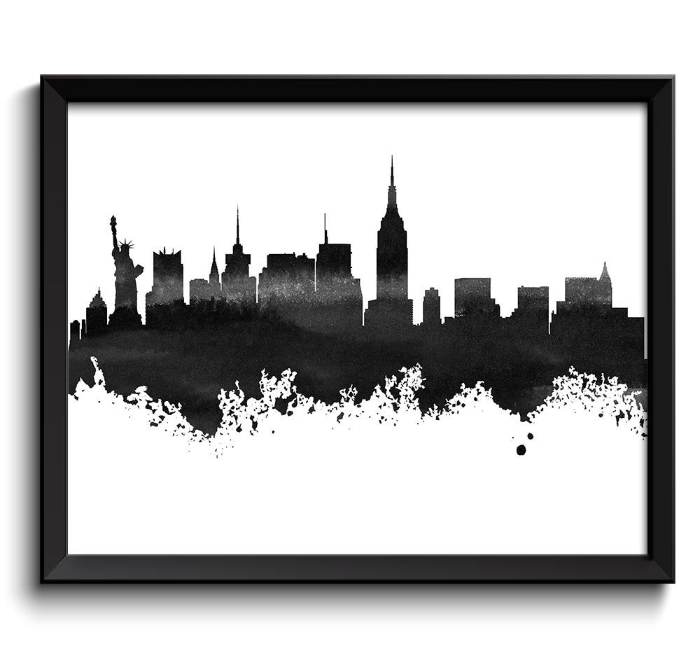 New York Skyline Black White Grey Watercolor Painting New York Wall Art Print New York Poster