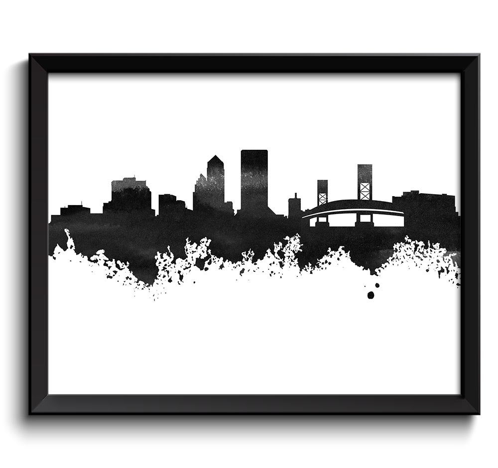 Jacksonville Skyline Black White Grey Watercolor Painting Jacksonville Florida Cityscape Jacksonvill