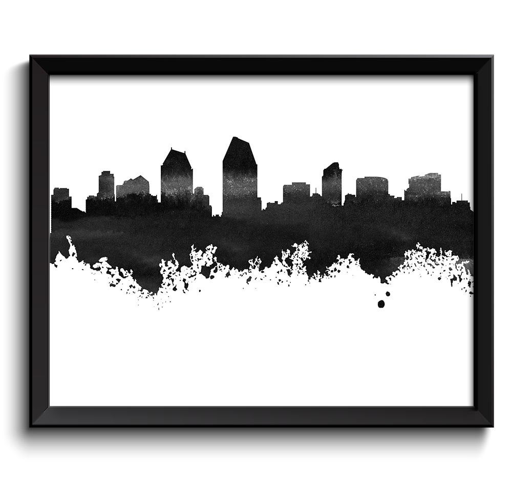 San Diego Skyline Black White Grey Watercolor Painting San Diego California San Diego Wall Art Print