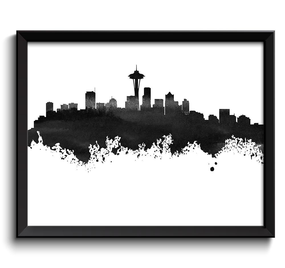 Seattle Skyline Black White Grey Watercolor Painting Seattle Washington Seattle Wall Art Print Seatt