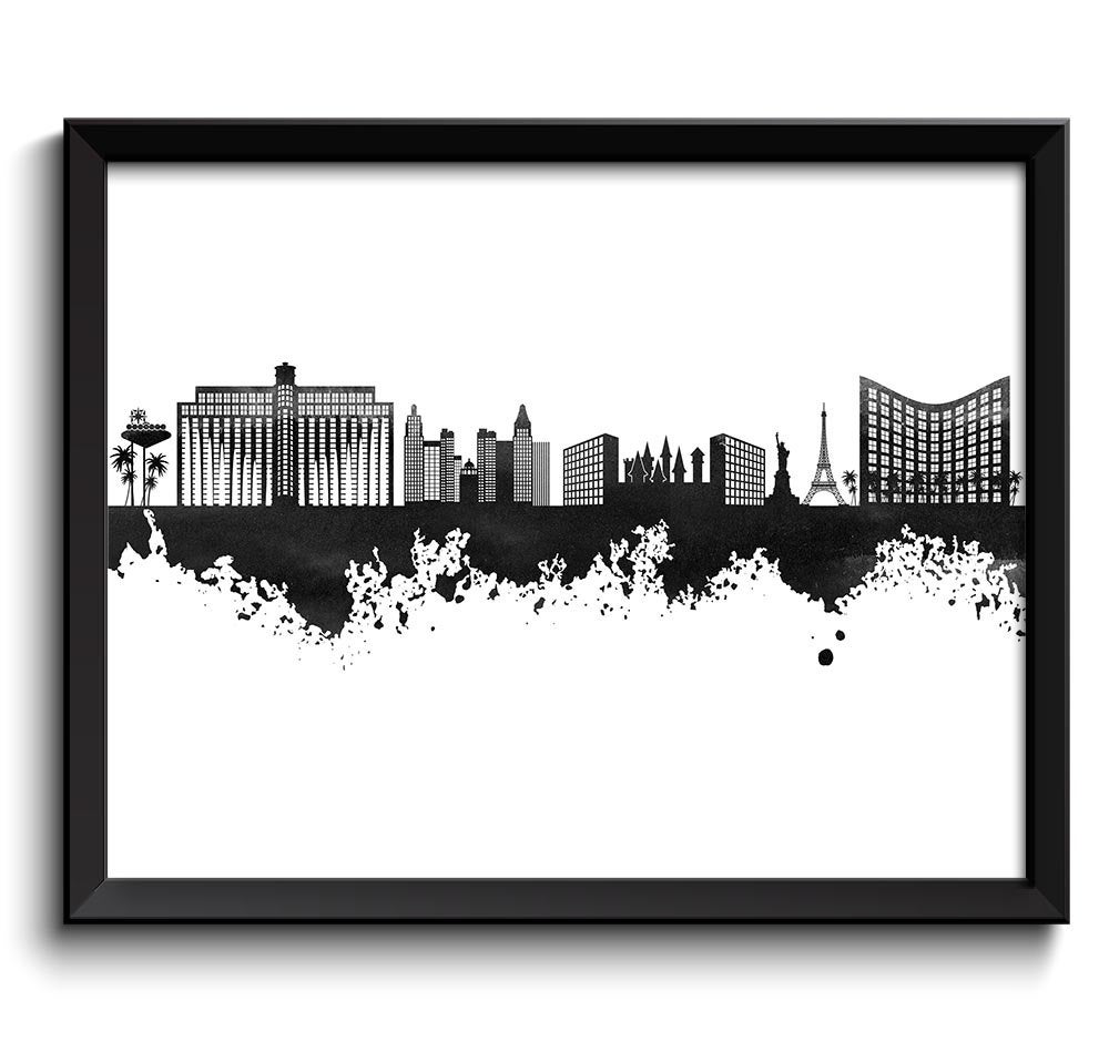 Las Vegas Skyline Black White Grey Watercolor Painting Las Vegas Nevada Las Vegas Wall Art Print Las