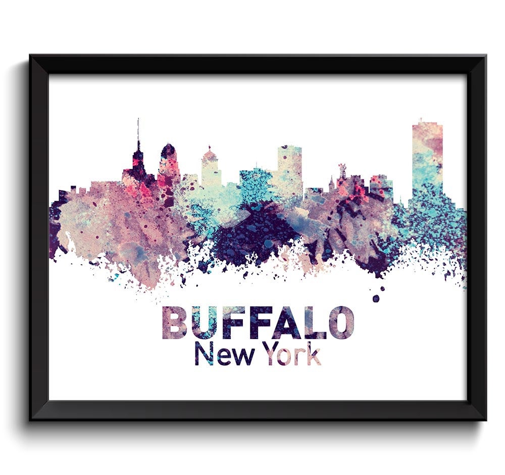 Buffalo Skyline Buffalo New York Wall Art Print Buffalo Poster Pink Turquoise Blue Purple Watercolor