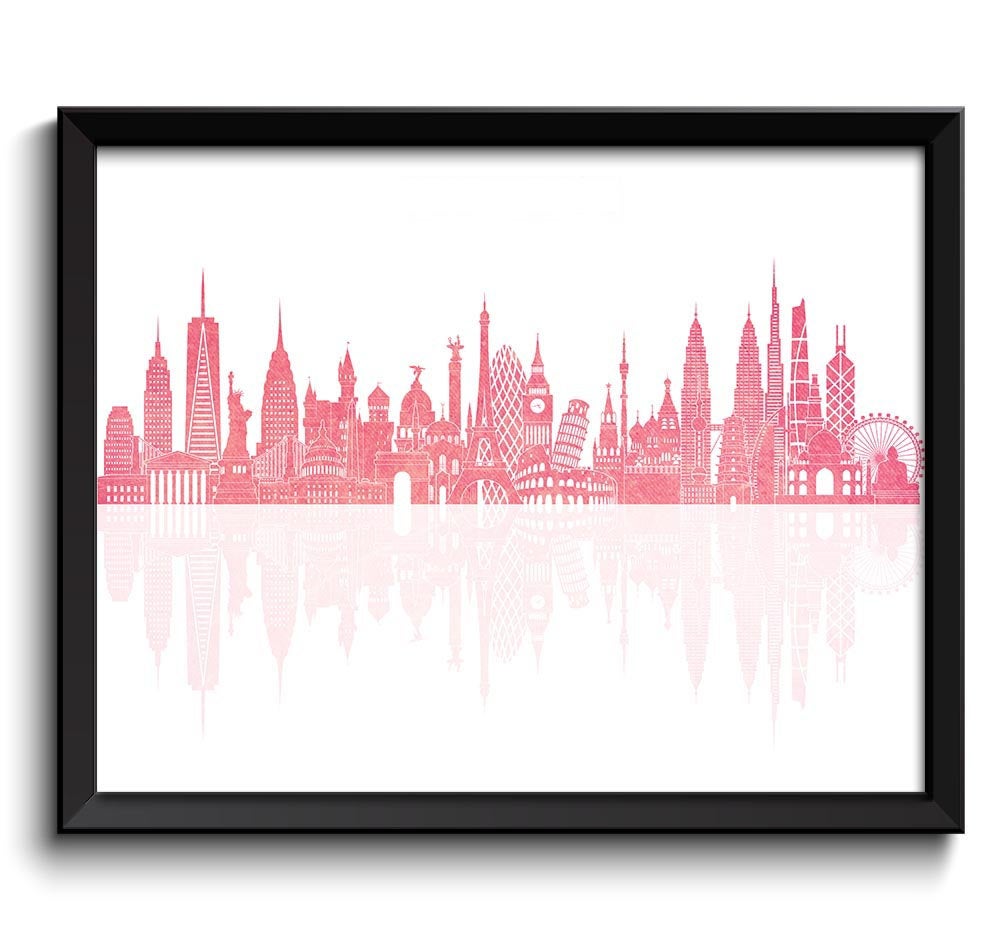 World Skyline Pink Watercolor Painting City Cityscape Famous Landmarks World Poster World Print Glob