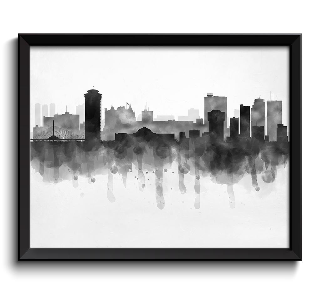 Winnipeg Skyline Manitoba Canada Cityscape Art Print Poster Black White Grey Watercolor Painting